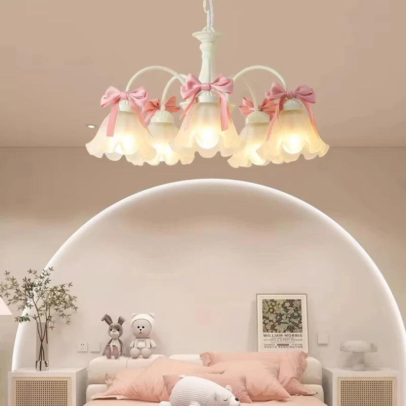 Sweet Princess Room Pink Bow Glass Chandelier Modern Romantic Warm Cute Pendant Lamp for Children Girl Bedroom Living Room Decor