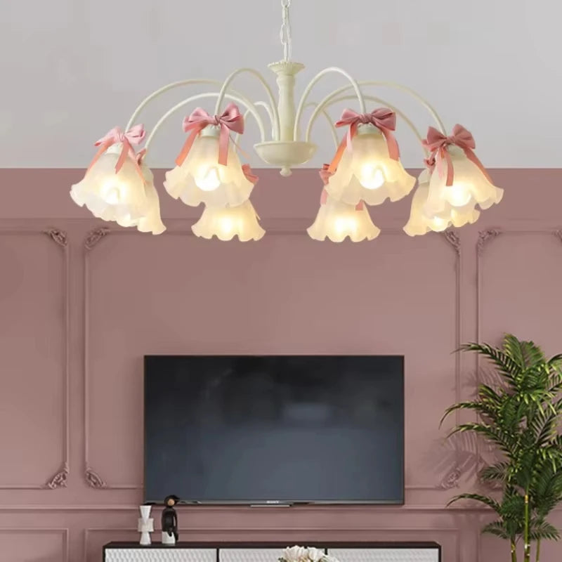 Sweet Princess Room Pink Bow Glass Chandelier Modern Romantic Warm Cute Pendant Lamp for Children Girl Bedroom Living Room Decor