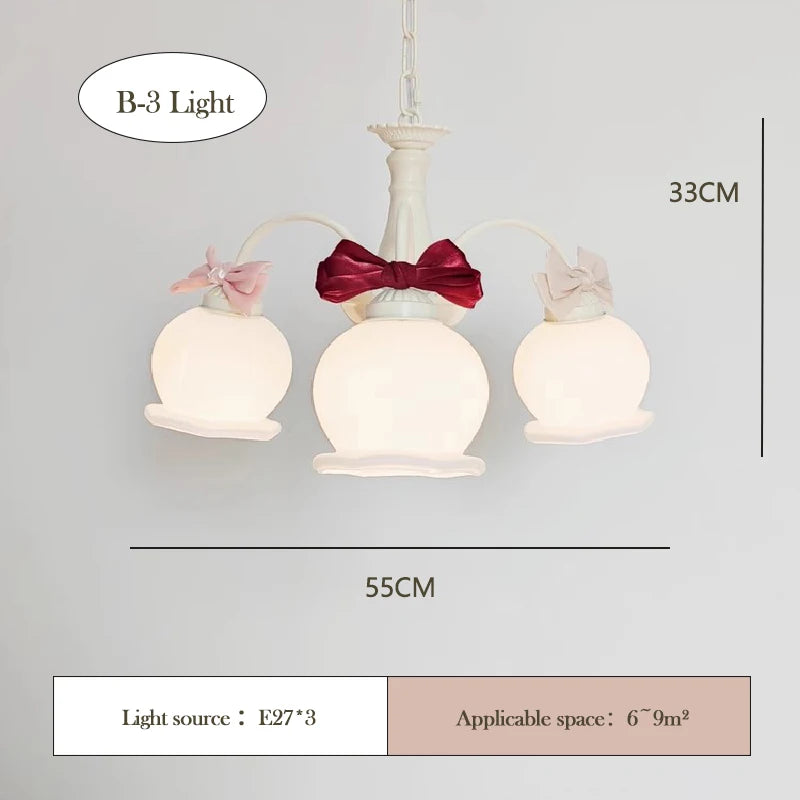 Sweet Princess Room Pink Bow Glass Chandelier Modern Romantic Warm Cute Pendant Lamp for Children Girl Bedroom Living Room Decor