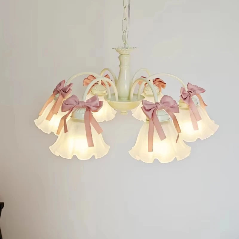 Sweet Princess Room Pink Bow Glass Chandelier Modern Romantic Warm Cute Pendant Lamp for Children Girl Bedroom Living Room Decor