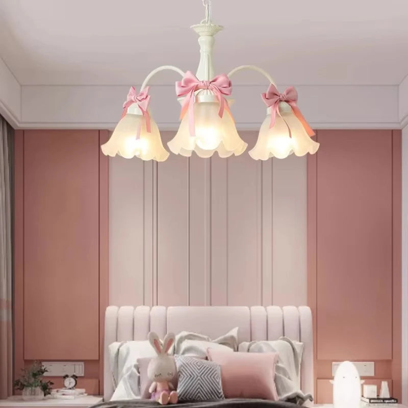 Sweet Princess Room Pink Bow Glass Chandelier Modern Romantic Warm Cute Pendant Lamp for Children Girl Bedroom Living Room Decor