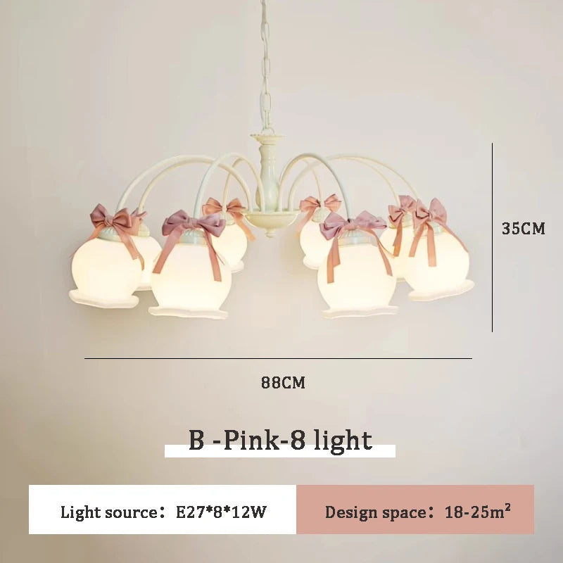 Sweet Princess Room Chandeliers Pink Bow Glass Lamps Modern Romantic Warm Children's Living Room Girl Bedroom Decor Chandelier