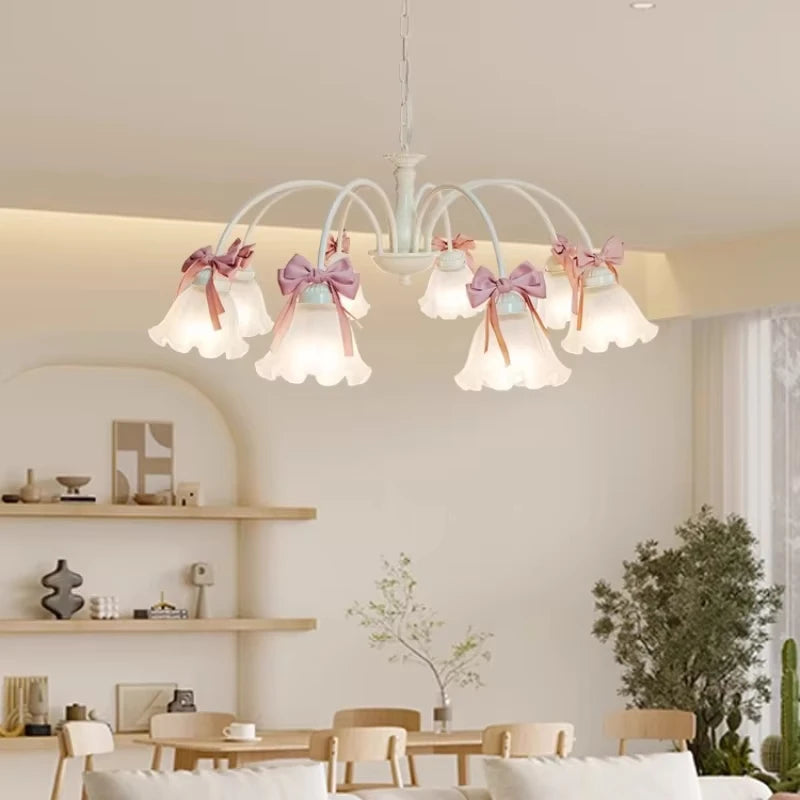 Sweet Princess Room Chandeliers Pink Bow Glass Lamps Modern Romantic Warm Children's Living Room Girl Bedroom Decor Chandelier